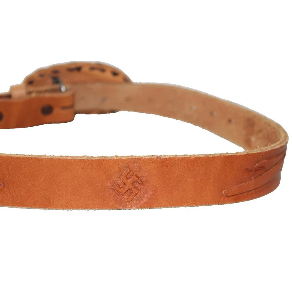 Vintage Men's Brown Tooled Leather Belt Airplane Swastica 30 Inch